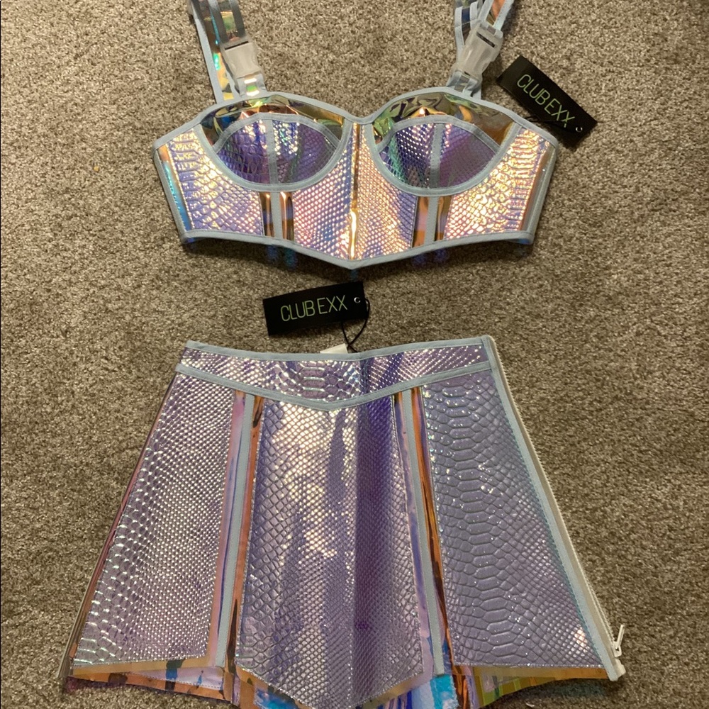 SOLD Dolls Kill Club Exx Empress Hologram Skirt Top Bustier Set XS